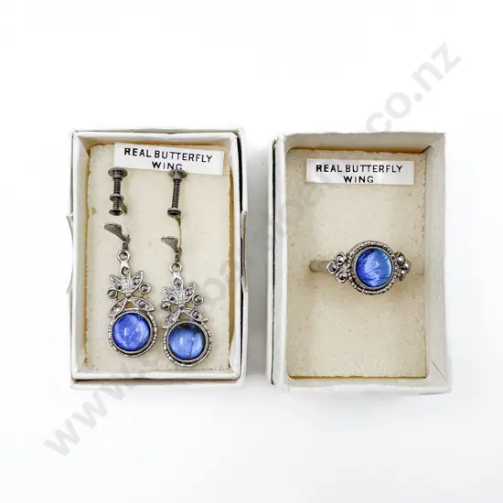 Original Boxed White Metal and Butterfly Wing Ring and Earrings