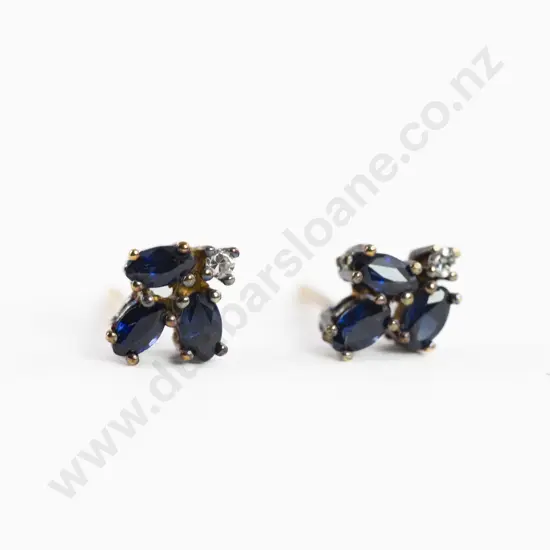 14ct Three Marquise Sapphire and Single Diamond Stud Cluster Earrings