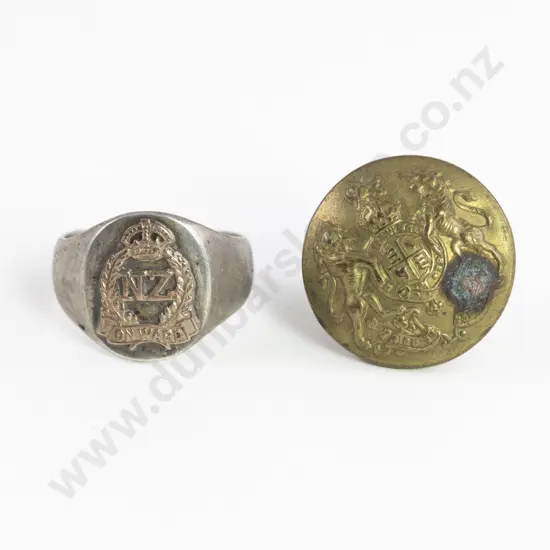WWII Egyptian Silver and Gold 'NZ Onward' Ring and Military Button