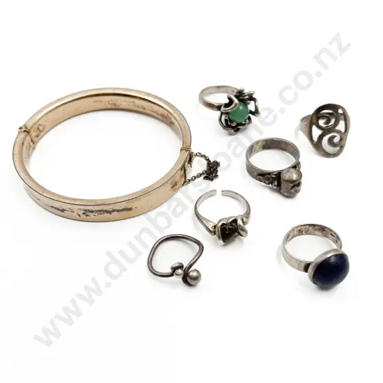 9ct Silver Lined Hinged Snap Bangle and Silver Rings