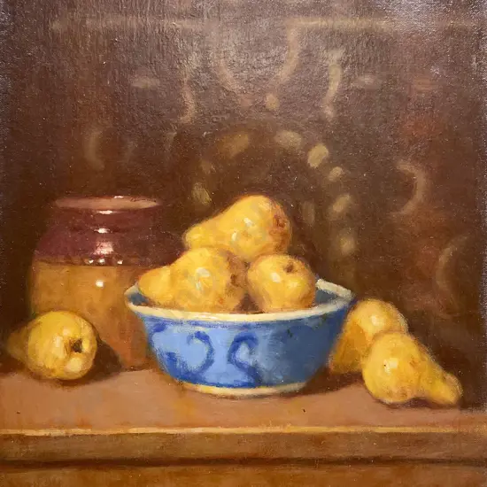 Catherine Robb - Still LIfe with Pears in Blue Bowl - Oil on Board (unframed)