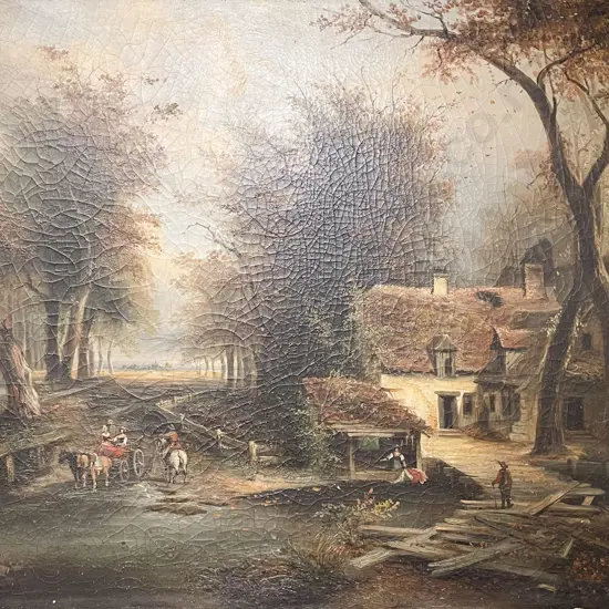 C19th Landscape with Cottages - Oil on Canvas