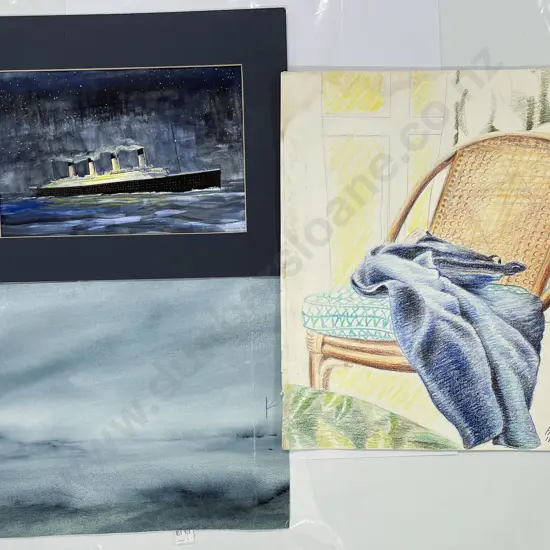 L Davidson - Ship at Night Watercolour & Two Others (unframed) (3)