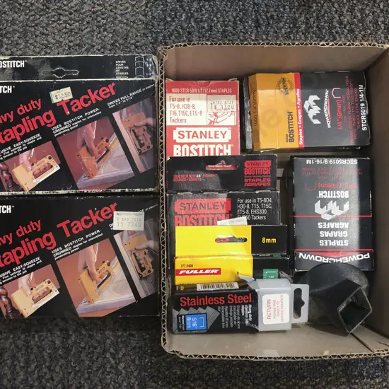 Two Vintage Boxed Heavy Duty Stapling Tackers and Assorted Boxed Staples