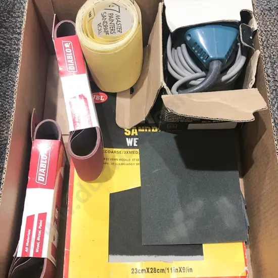 Boxed Makita Finishing Sander Together with Assorted As New Sandpaper Etc