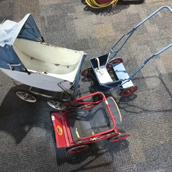 Two Small Triang Push Chairs Together with Toy Pram