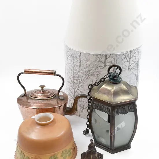Copper Kettle Together with Vintage Glass Shade and Lantern With Two Other Lightshades