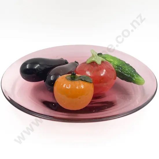 Five Assorted Art Glass Fruit/Vegtable Ornaments on Art Glass Vegetable Charger