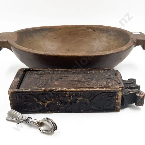 Carved Candle Box Together with Large Wooden Bowl
