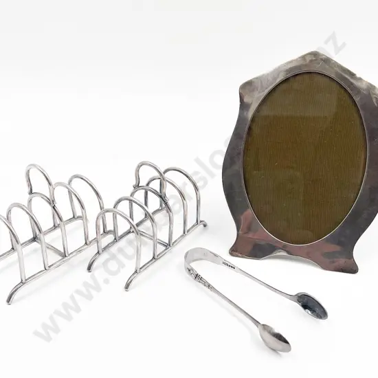 S/S Photo Frame and Tongs together with Pair of S/P Toast Racks