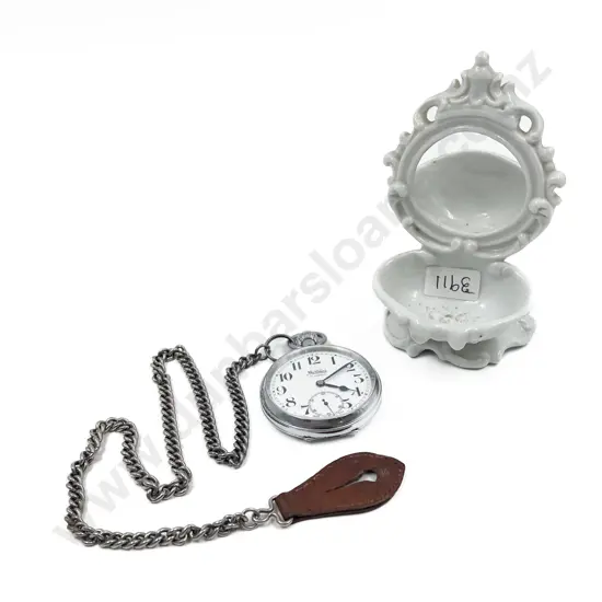 Swiss Made Fob Watch and Chain together with Stand
