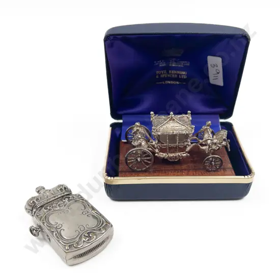 Miniature S/S Coronation Coach together with Plated Crown Form Vesta Case