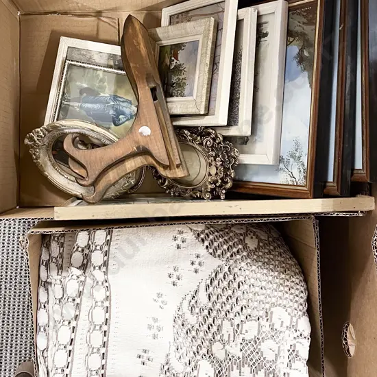 Box of Assorted Small Frames and Small Box of Assorted Vintage Linen