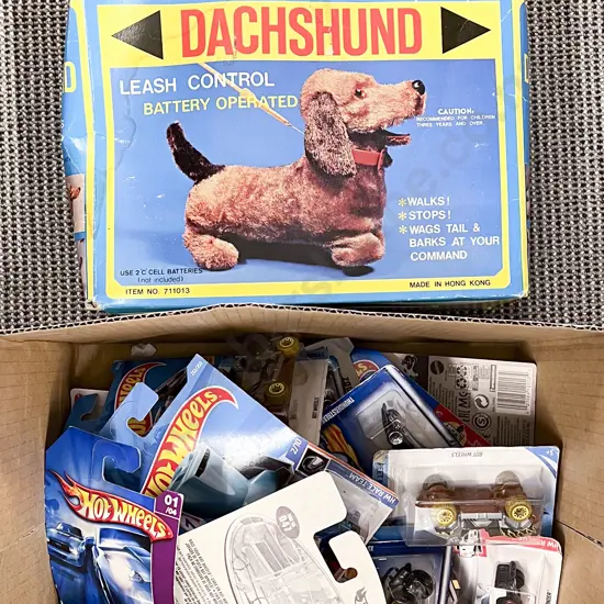 Quantity of Assorted Boxed Hotwheels Together with Boxed Vintage Dachshund Toy