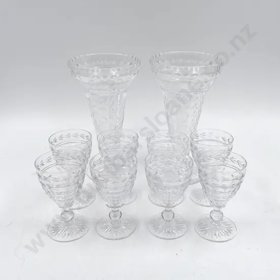 Pair of Crystal Vases and Eight Stuart Crystal Glasses