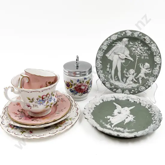 Two Jasperware Plaques Together with Assorted Fancy China Including RCD
