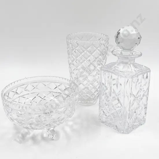 Crystal Whisky Decanter With Crystal Bowl and Vase