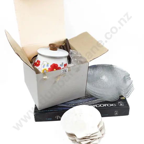 Boxed Fondue Set Together With Glass Fish Plates and Shells etc