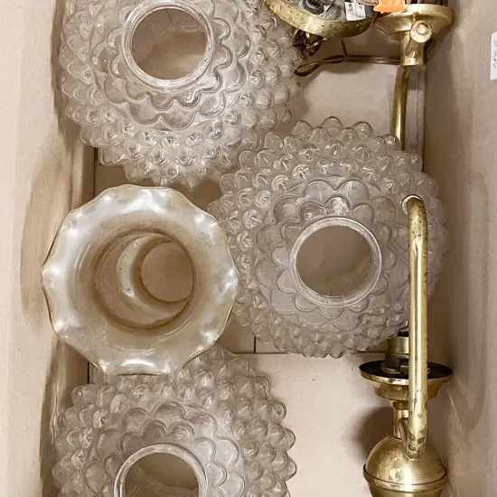 Four Assorted Vintage Glass Lightshades with Light Fitting Etc