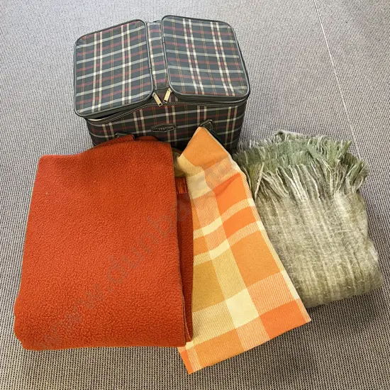 Three Assorted Blankets Together With Picnic Basket
