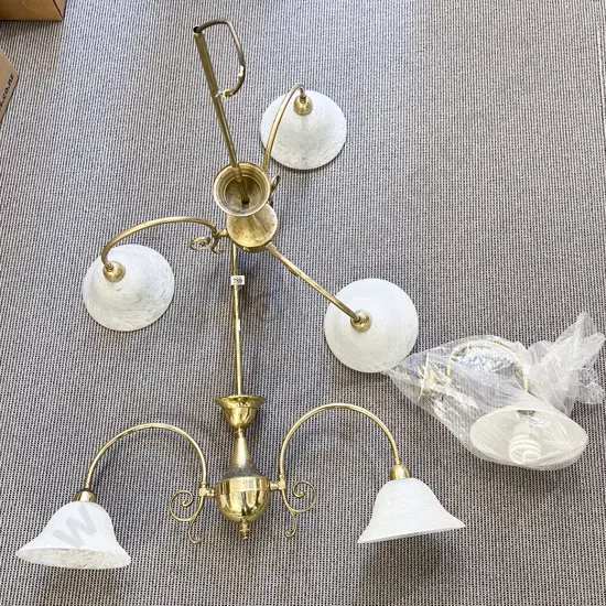 Modern Brass Three Light Chandelier Together with Matching Two Light and Wall Light