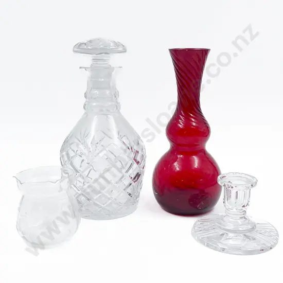 Ruby Glass Vase with Crystal Decanter and Two others