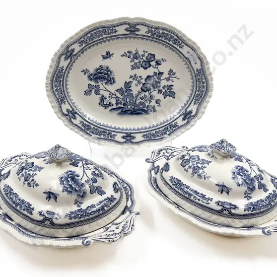 Pair of Masons Blue and White Tureens and Small Ashet
