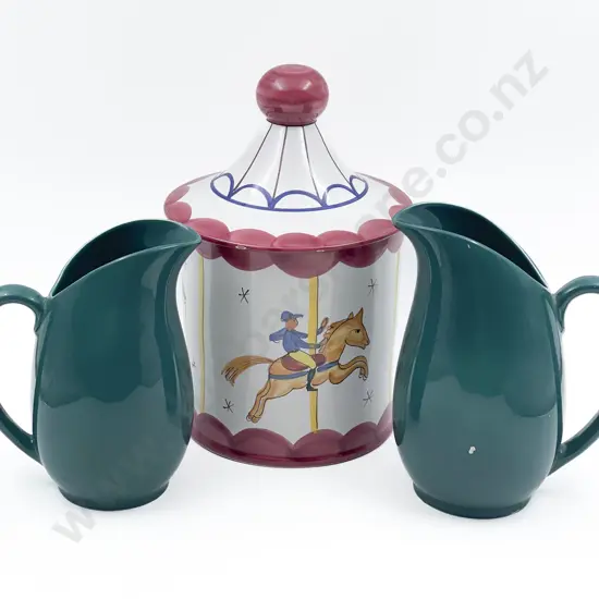 Italian Biscuit Barrel and Two Meakin Jugs