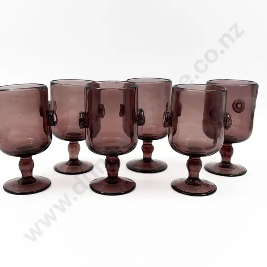 Six Mid C20th Hand Blown Amethyst Glass Goblets