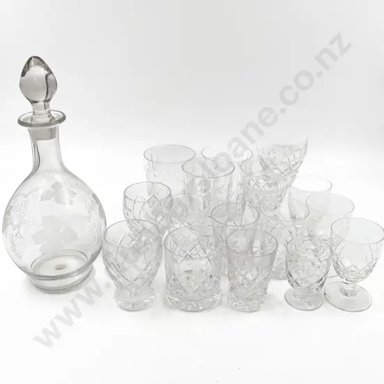 Mid C20th Czech Etched Glass Wine Decanter & Various Crystal Goblets