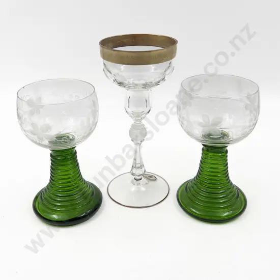 Two Bohemian Wine Goblets & Ornate Champagne Flute