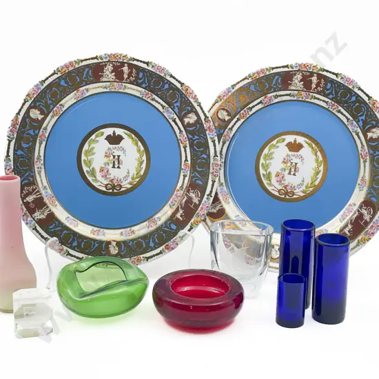 Various Coloured Glass on Two Decorative Tin Plates