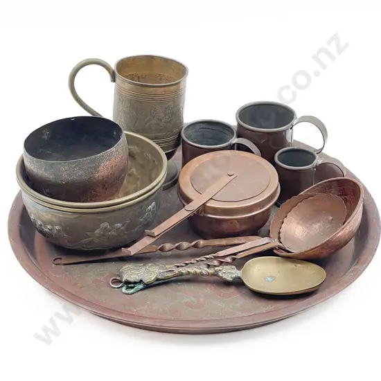Copper Tray with Three Cup Measures Ladles & Various
