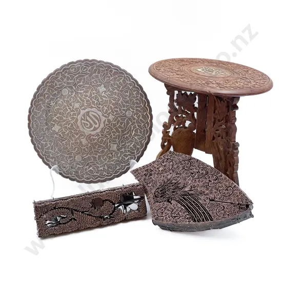 Small Indian Carved Folding Table Silver & Copper Tray & Two Batik Stamps