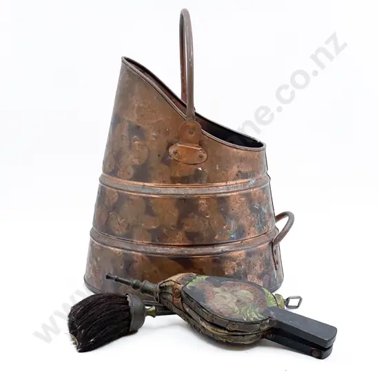 Copper Coal Scuttle Heath Brush & Bellows