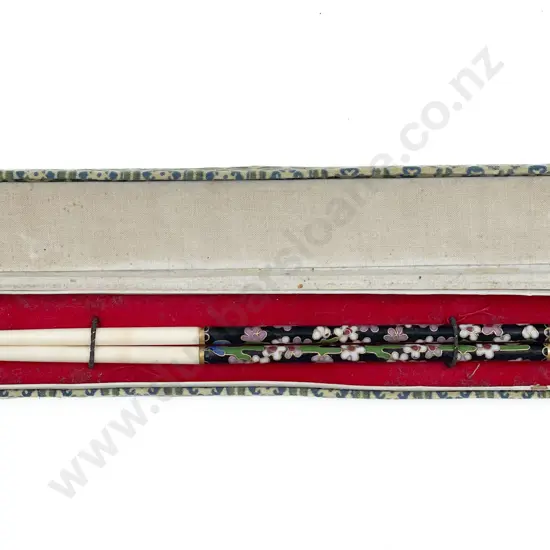 Boxed Pair Ivory and Cloisonne Chop Sticks