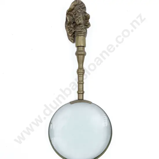 Large Magnifying Glass with Ornate Brass Bust Handle