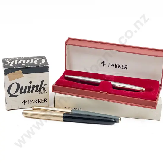 Two Parker Gold Plate and Resin Fountain Pens and Ball Point with Ink