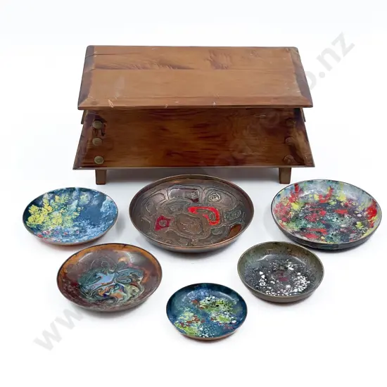 Six Copper & Enamel Dishes in Kauri Box