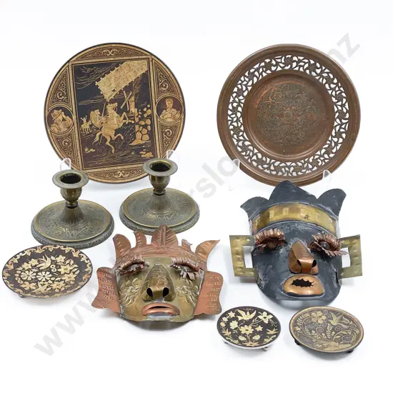 Four Damascene Dishes with Pair Candlesticks Dish & Mask