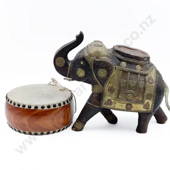 Indian Wood & Metal Elephant Ornament & Drum