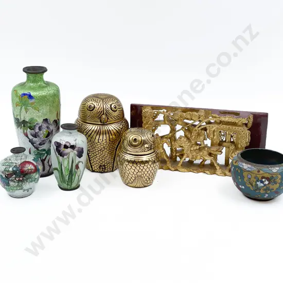 Four Pieces Cloisonne Ware Pair Lacquered Owls & Panel