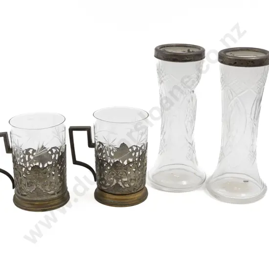 Pair S/S Rimmed Cut Glass Specimen Vases