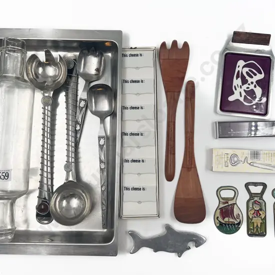 Mid C20th Kitchen Serving Implements Glass Rolling Pin & Cheese Labels