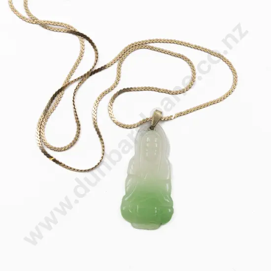 Italian 9ct Flat Curb Link Neck Chain with Jade Immortal Figure Pendant