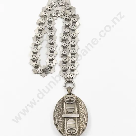 Victorian S/S Oval Fancy Buckle and Engraved Photo Locket