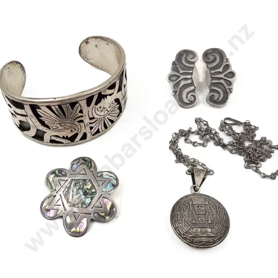 .925 Mexican Silver Bangle with Brooch Earrings and Pendant