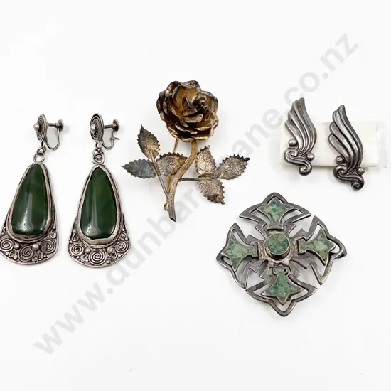 .925 Mexican Silver Two Brooches and Two Pair Earrings