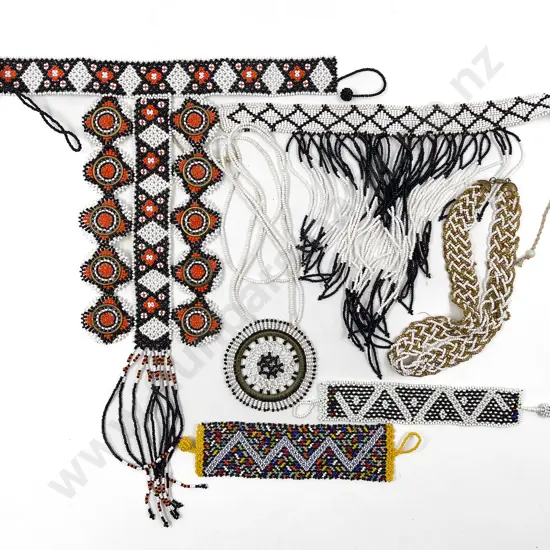 C1970's Seed Bead Woven Three Neck Choker Necklaces and Two Cuffs