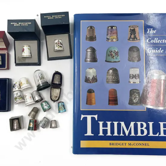 Collection of Various Enamel China & Silver Thimbles with Reference